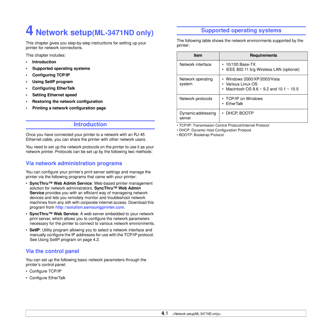 Samsung ML-3470 Series manual Supported operating systems, Via network administration programs, Via the control panel 