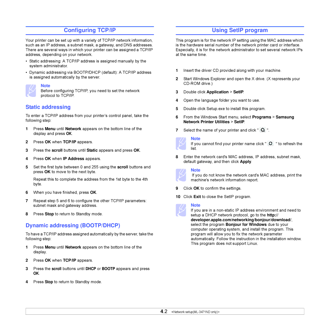 Samsung ML-3470 Series manual Configuring TCP/IP, Using SetIP program, Static addressing, Dynamic addressing BOOTP/DHCP 