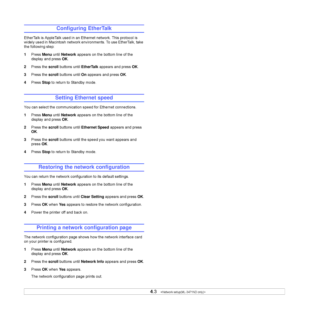 Samsung ML-3470 Series manual Configuring EtherTalk, Setting Ethernet speed, Restoring the network configuration 