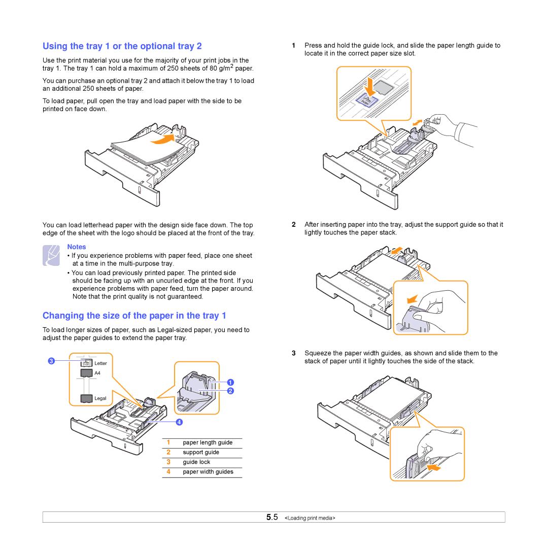 Samsung ML-3470 Series manual Using the tray 1 or the optional tray, Changing the size of the paper in the tray 