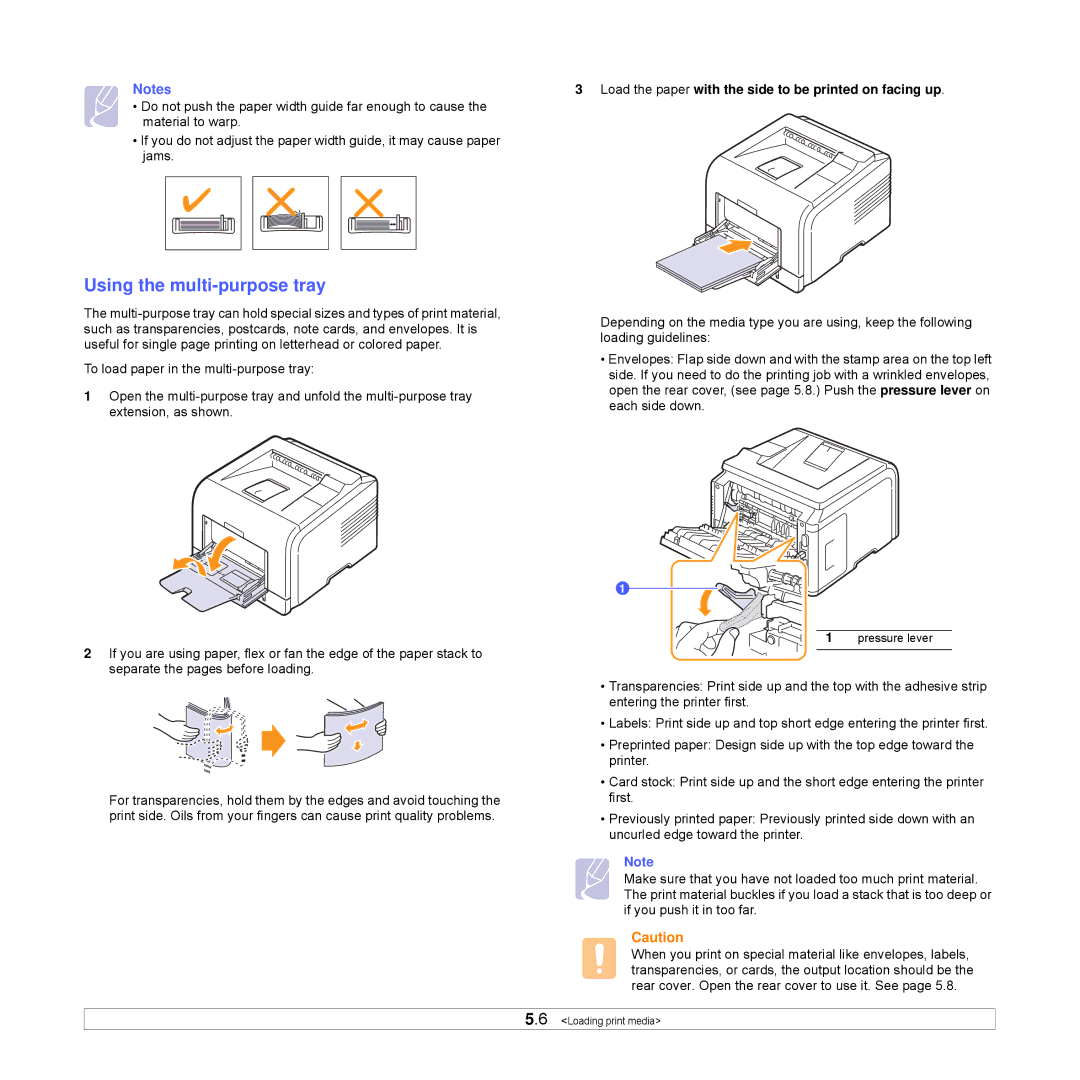 Samsung ML-3470 Series manual Using the multi-purpose tray, Load the paper with the side to be printed on facing up 