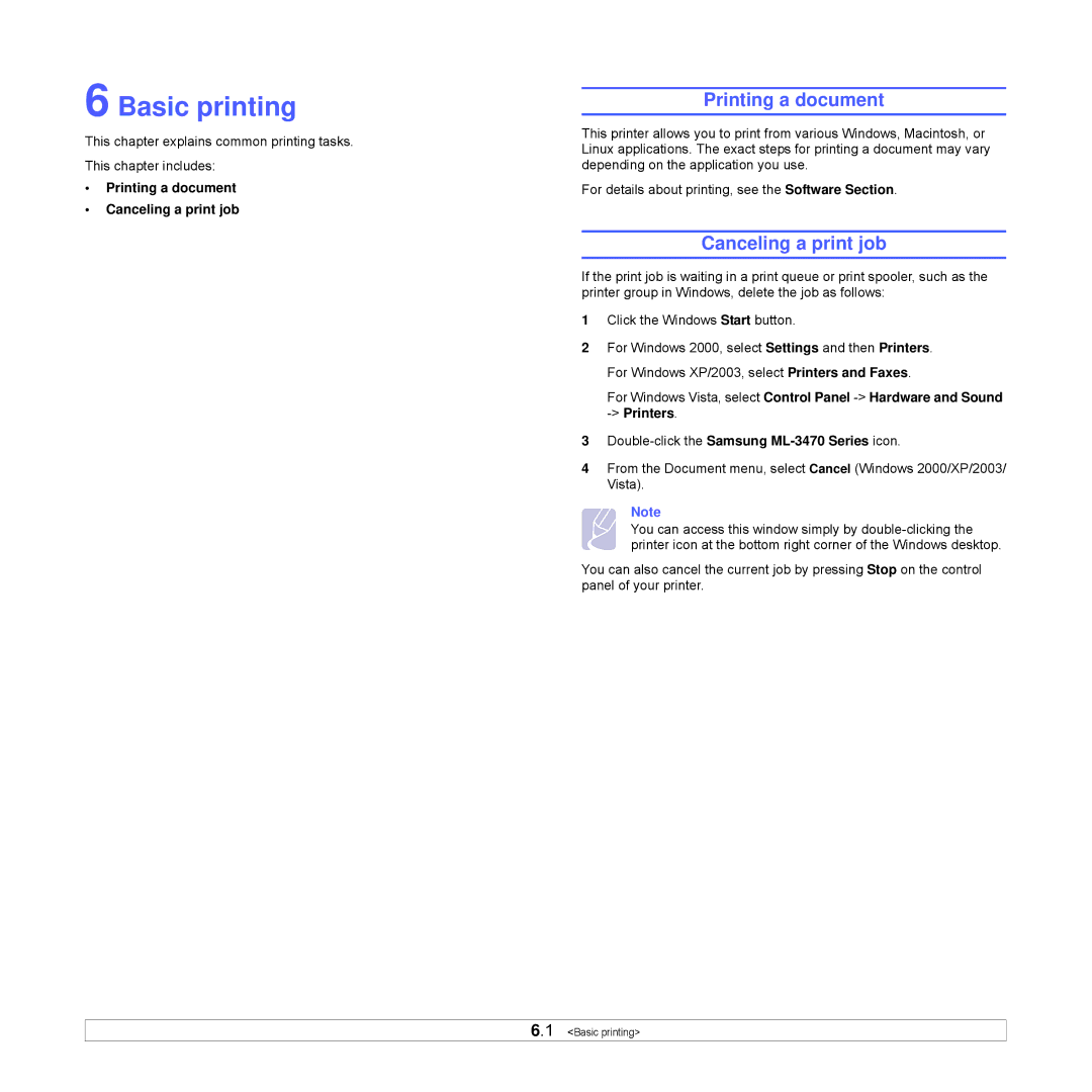 Samsung ML-3470 Series manual Basic printing, Printing a document, Canceling a print job 