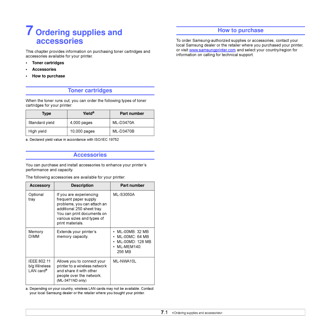 Samsung ML-3470 Series manual Ordering supplies and accessories, Toner cartridges, Accessories, How to purchase 