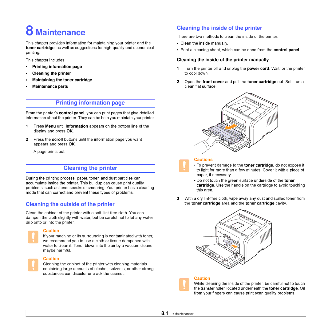 Samsung ML-3470 Series manual Maintenance, Printing information, Cleaning the printer, Cleaning the outside of the printer 