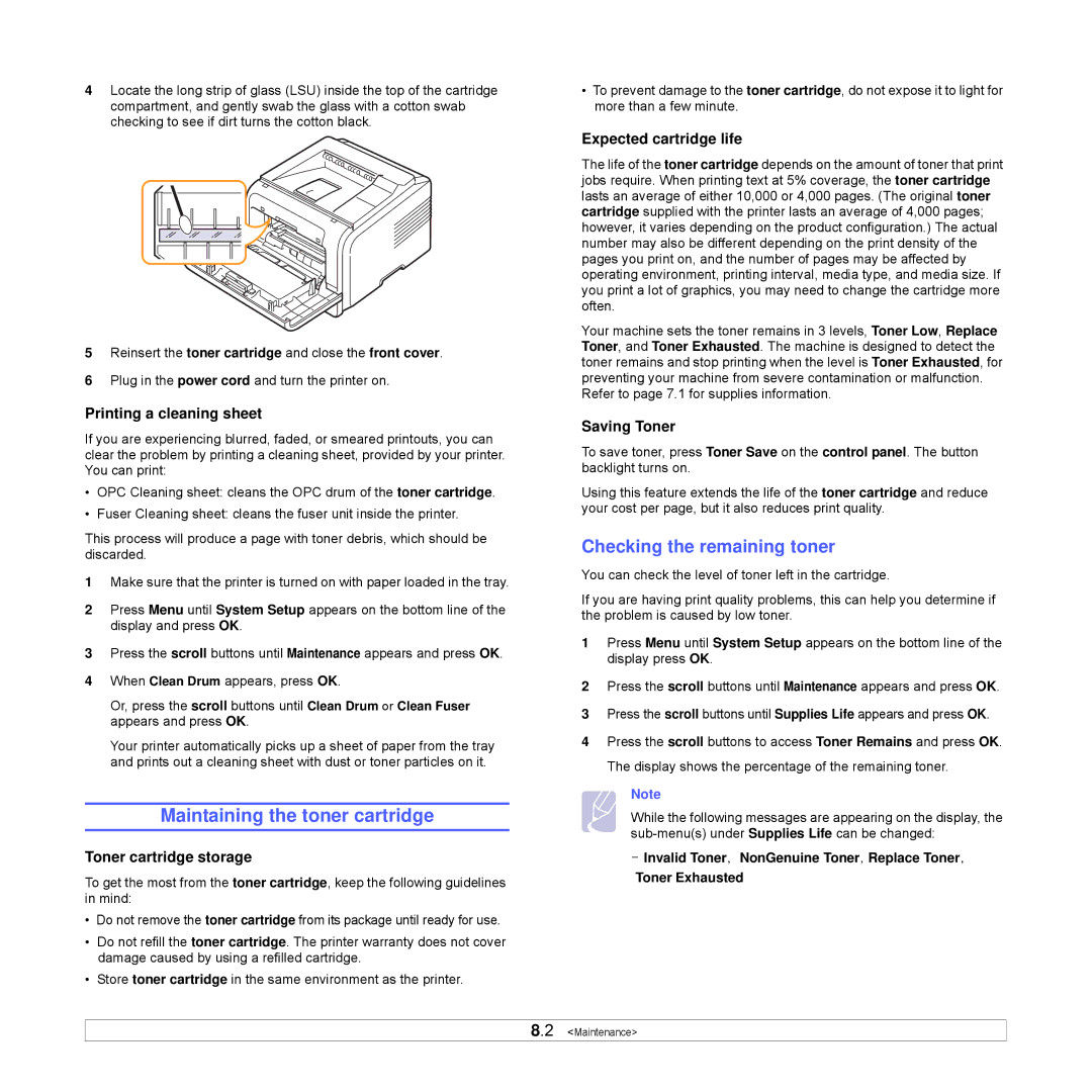 Samsung ML-3470 Series manual Maintaining the toner cartridge, Checking the remaining toner 