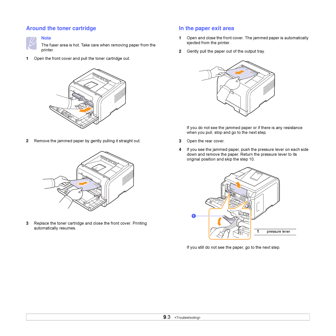 Samsung ML-3470 Series manual Around the toner cartridge, Paper exit area 