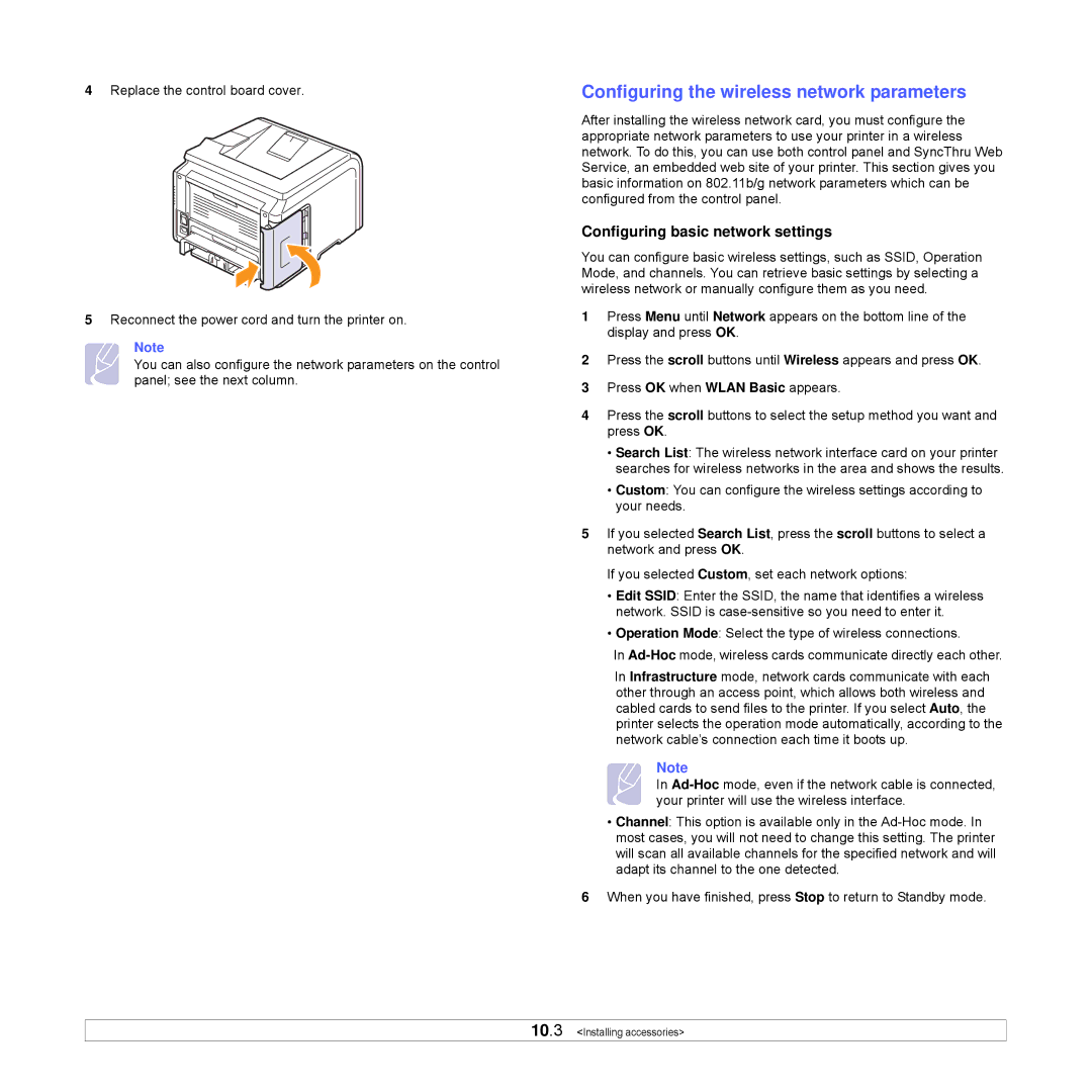 Samsung ML-3470 Series manual Configuring the wireless network parameters, Configuring basic network settings 