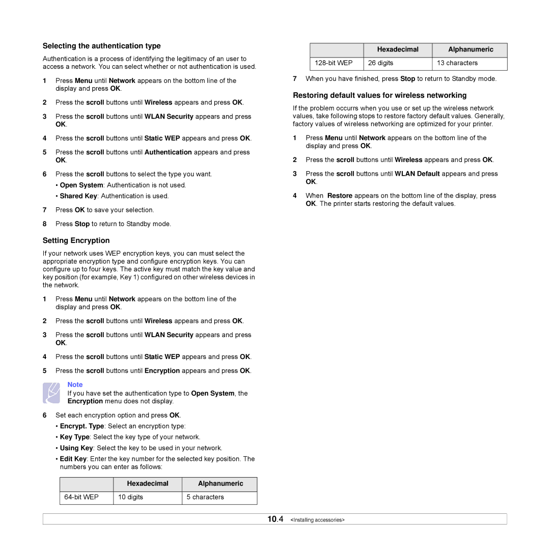 Samsung ML-3470 Series manual Selecting the authentication type, Setting Encryption, Hexadecimal Alphanumeric 