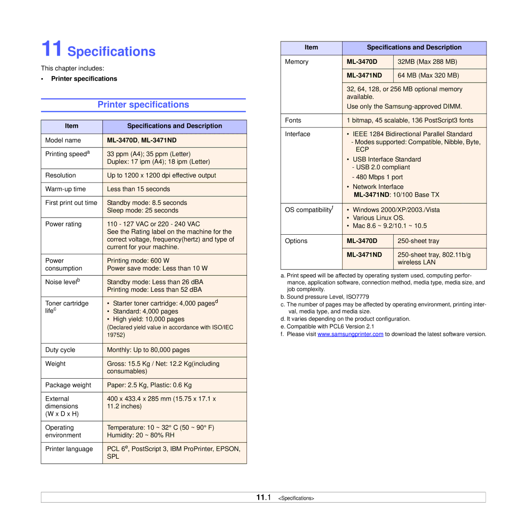 Samsung ML-3470 Series manual Printer specifications, Specifications and Description, ML-3470D,ML-3471ND 