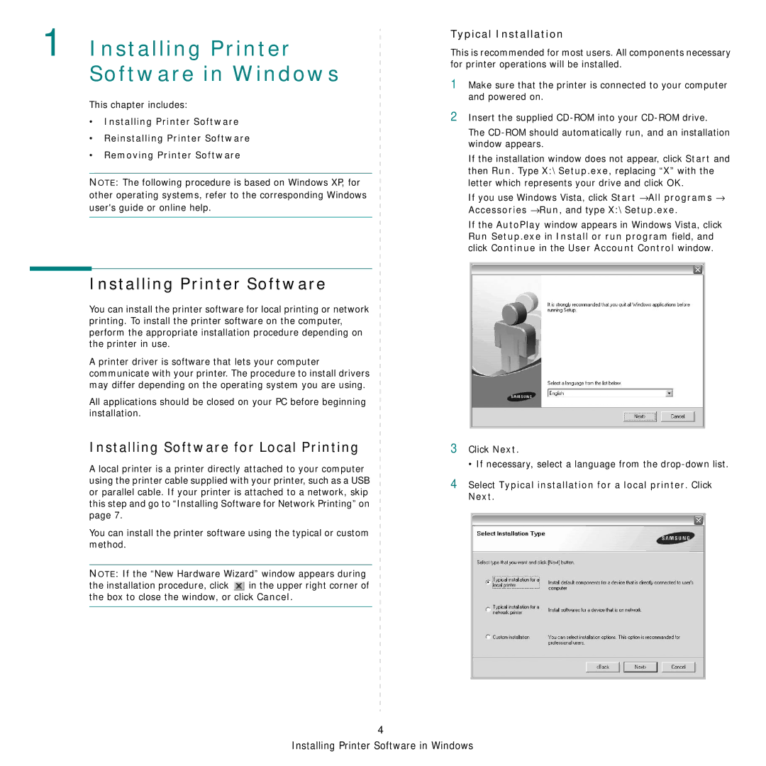 Samsung ML-3470 Series manual Installing Printer Software, Installing Software for Local Printing, Typical Installation 