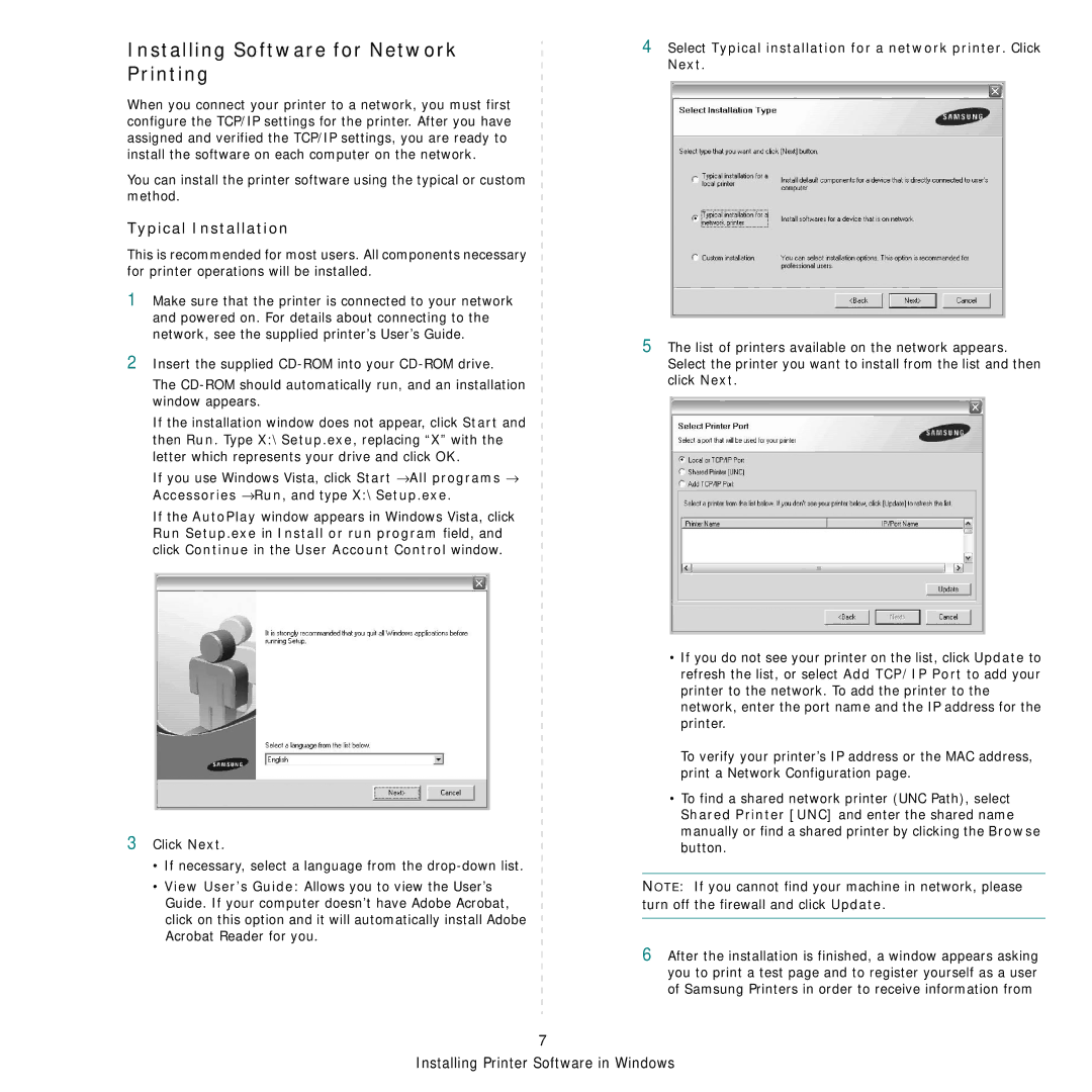 Samsung ML-3470 Series manual Installing Software for Network Printing, Typical Installation 