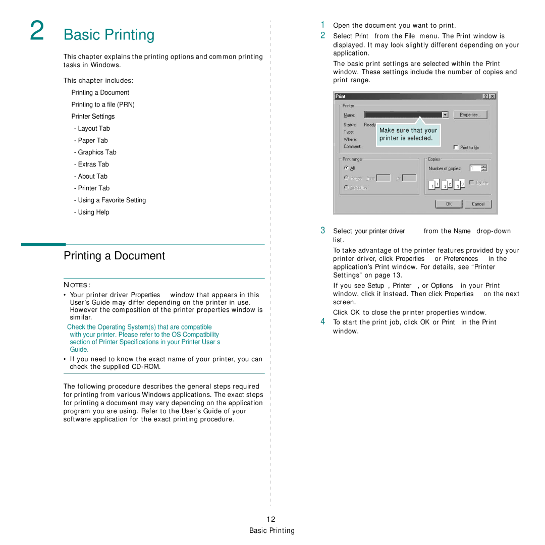 Samsung ML-3470 Series manual Printing a Document, Select your printer driver from the Name drop-down list 