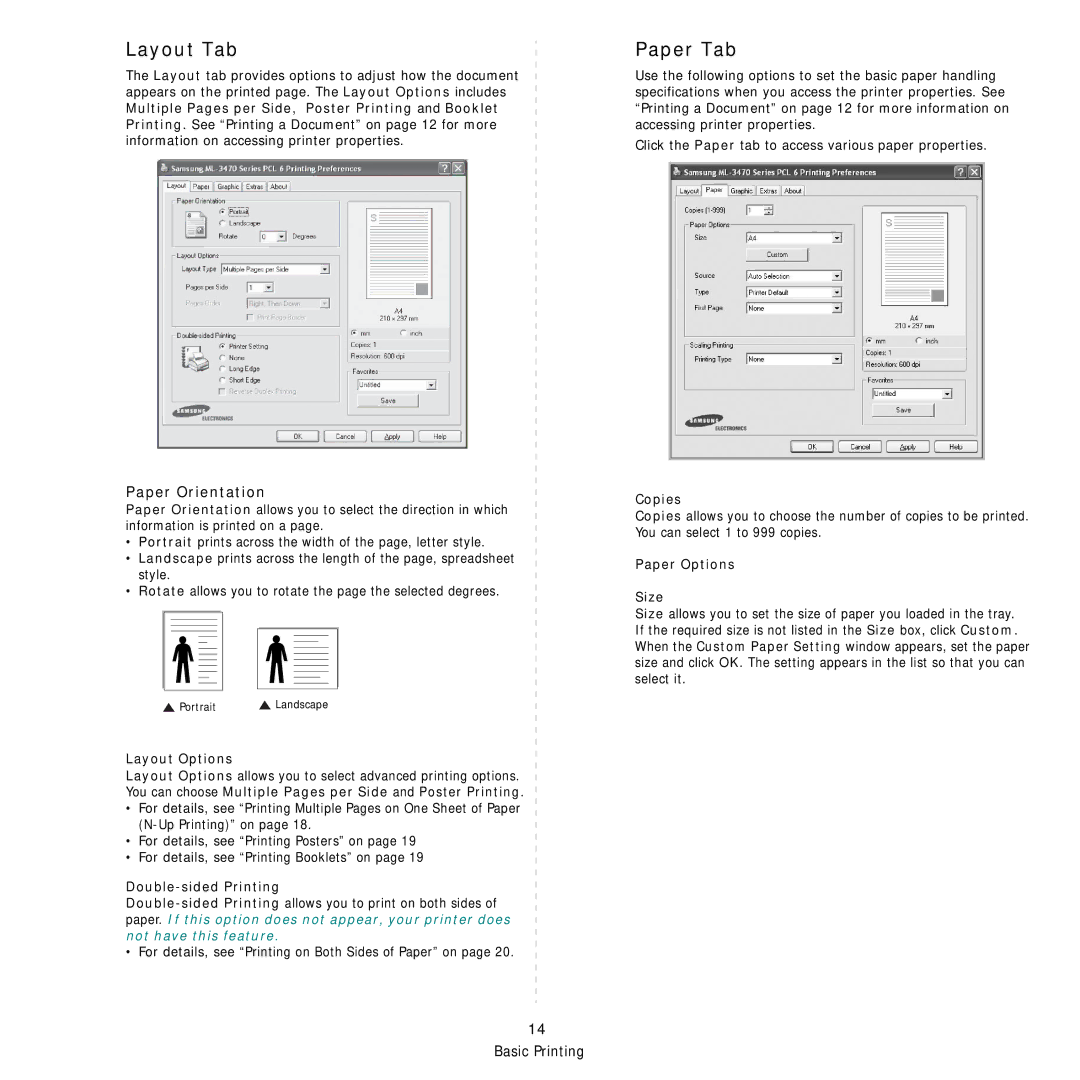 Samsung ML-3470 Series manual Layout Tab, Paper Tab, Paper Orientation 