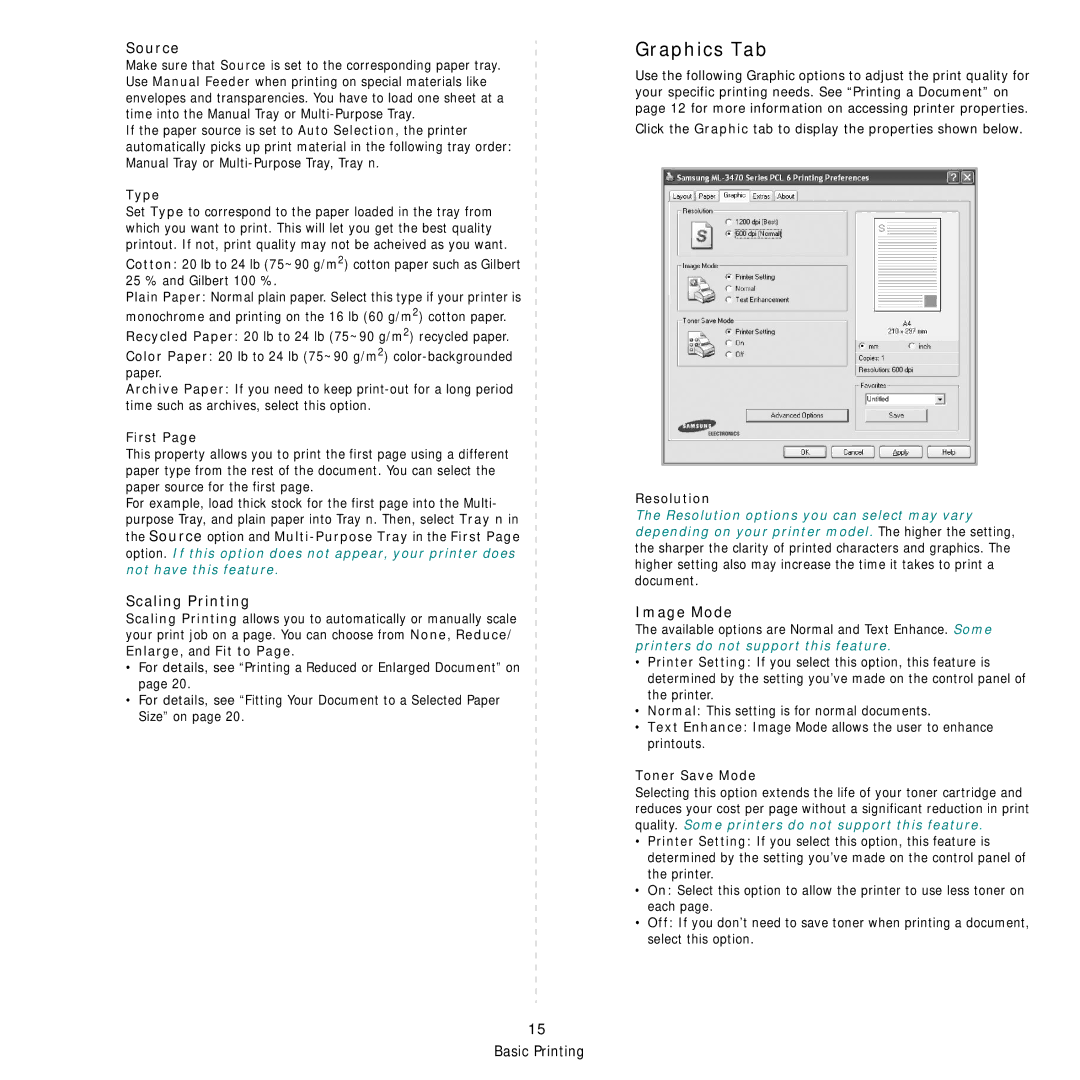 Samsung ML-3470 Series manual Graphics Tab, Source, Scaling Printing, Image Mode 