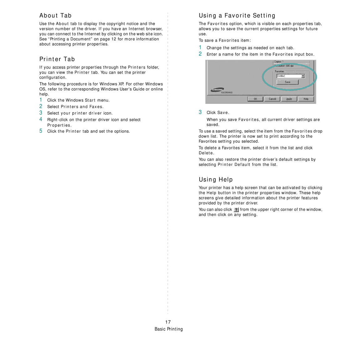 Samsung ML-3470 Series manual About Tab, Printer Tab, Using a Favorite Setting, Using Help 