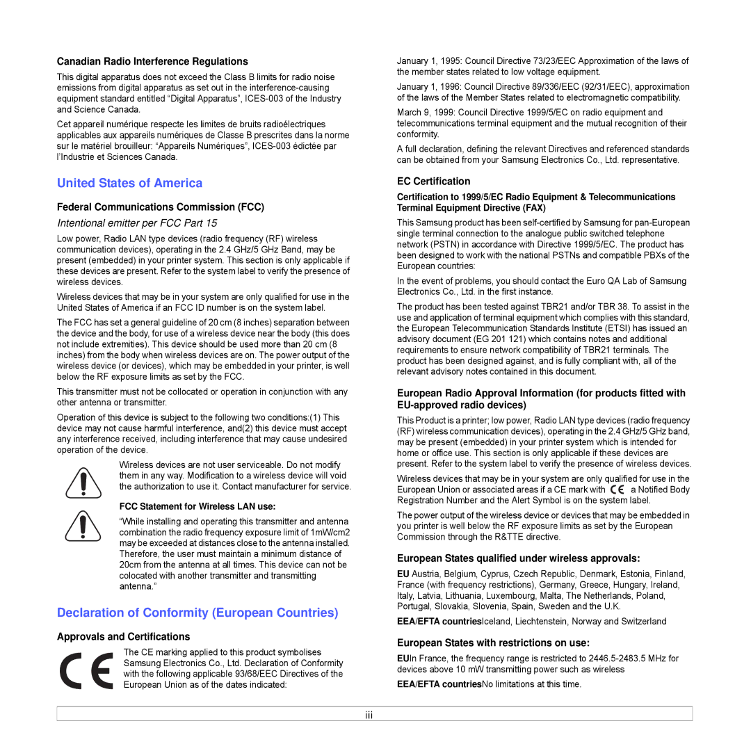 Samsung ML-3470 Series manual United States of America, Declaration of Conformity European Countries 