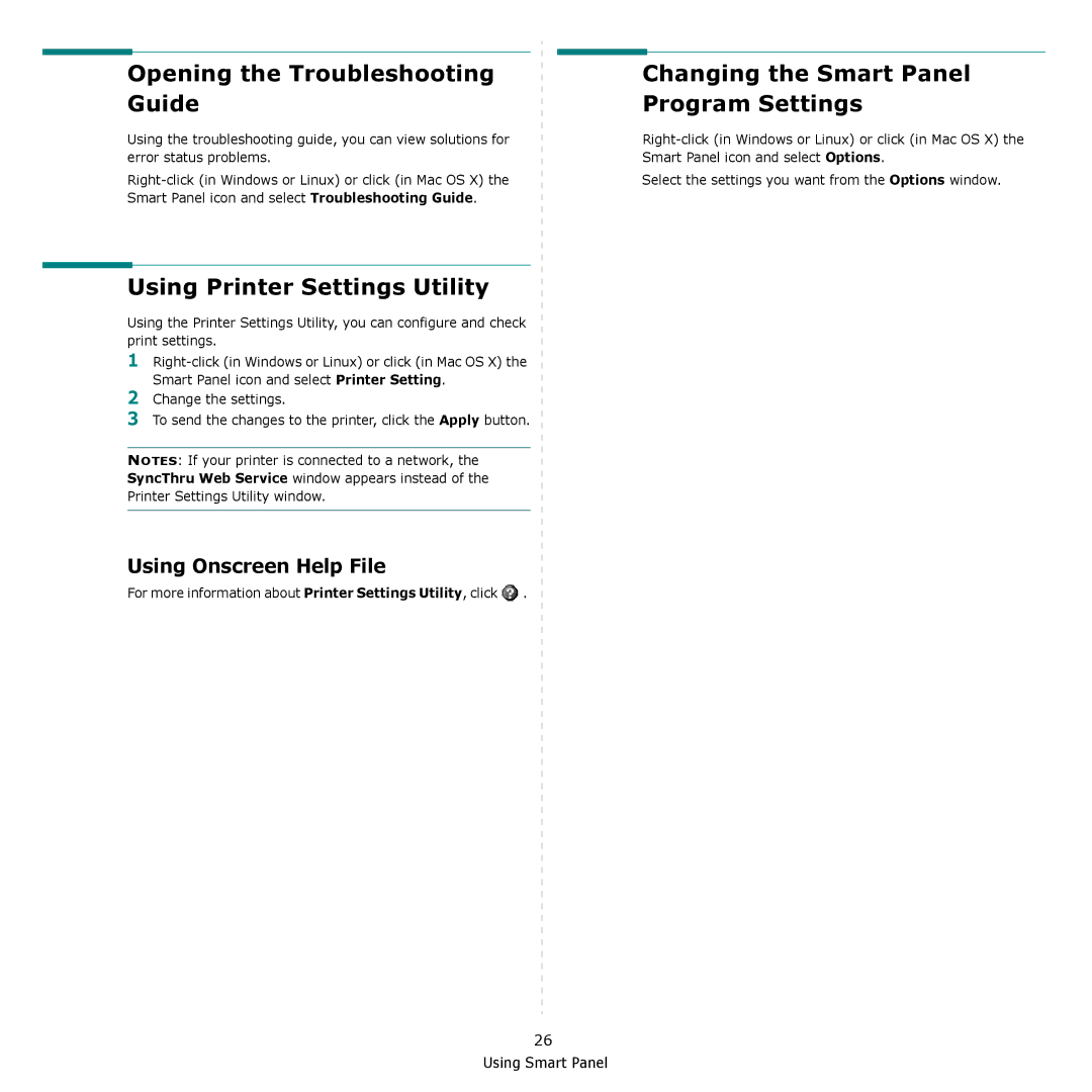 Samsung ML-3470 Series manual Opening the Troubleshooting Guide, Using Printer Settings Utility, Using Onscreen Help File 