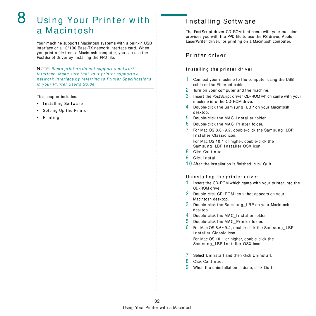 Samsung ML-3470 Series Installing Software, Printer driver, Installing the printer driver, Uninstalling the printer driver 