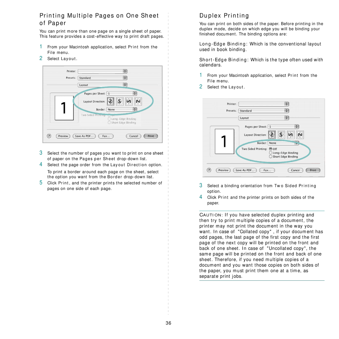 Samsung ML-3470 manual Printing Multiple Pages on One Sheet of Paper, Duplex Printing 