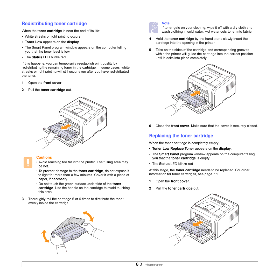 Samsung ML-3470 manual Redistributing toner cartridge, Replacing the toner cartridge, Toner Low appears on the display 