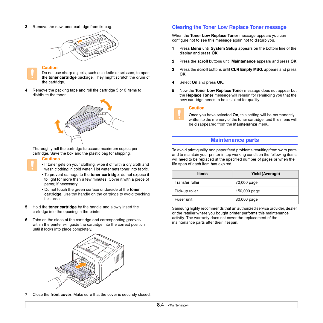 Samsung ML-3470 manual Maintenance parts, Clearing the Toner Low Replace Toner message, Items Yield Average 