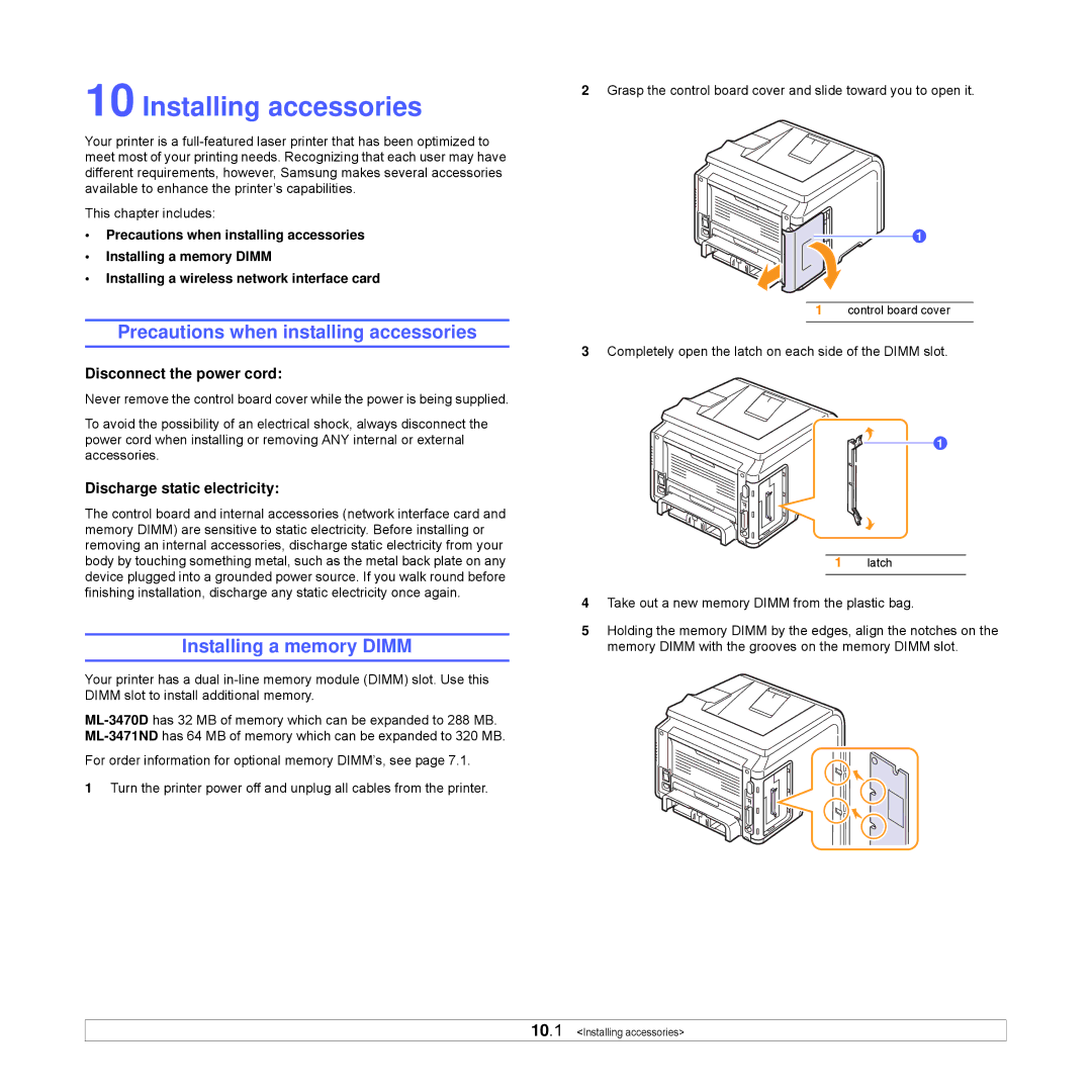 Samsung ML-3470 manual Installing accessories, Precautions when installing accessories, Installing a memory Dimm 