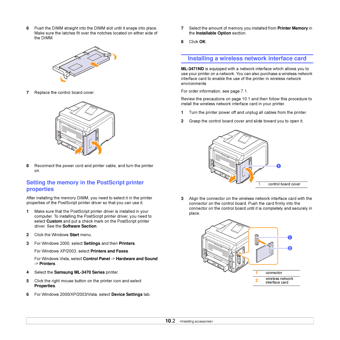 Samsung ML-3470 Installing a wireless network interface card, Setting the memory in the PostScript printer properties 