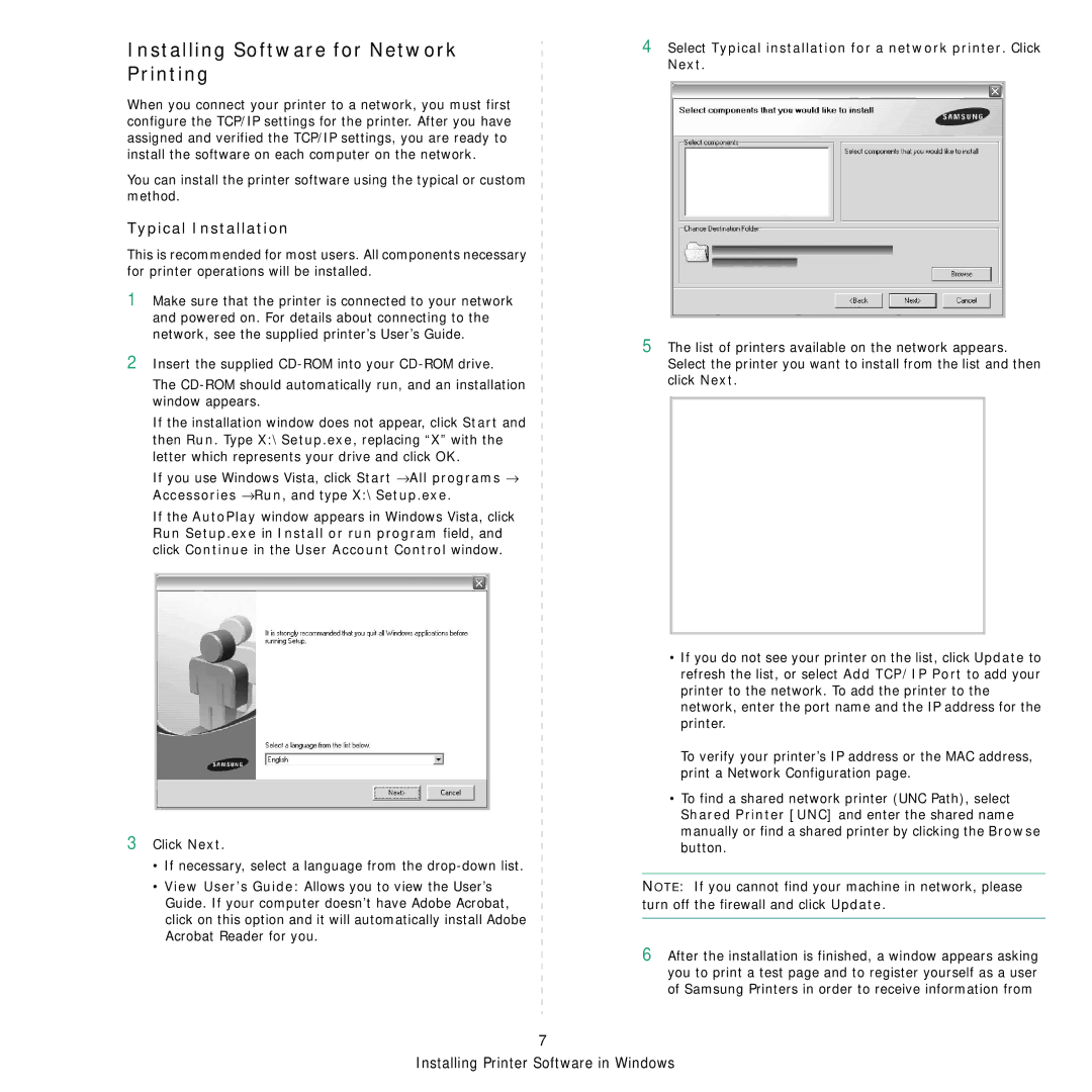 Samsung ML-3470 manual Installing Software for Network Printing, Typical Installation 