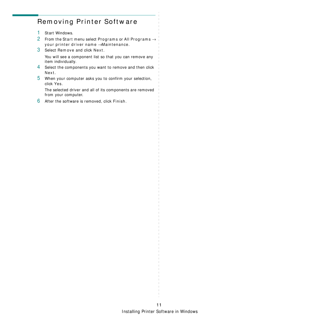 Samsung ML-3470 manual Removing Printer Software, Next 