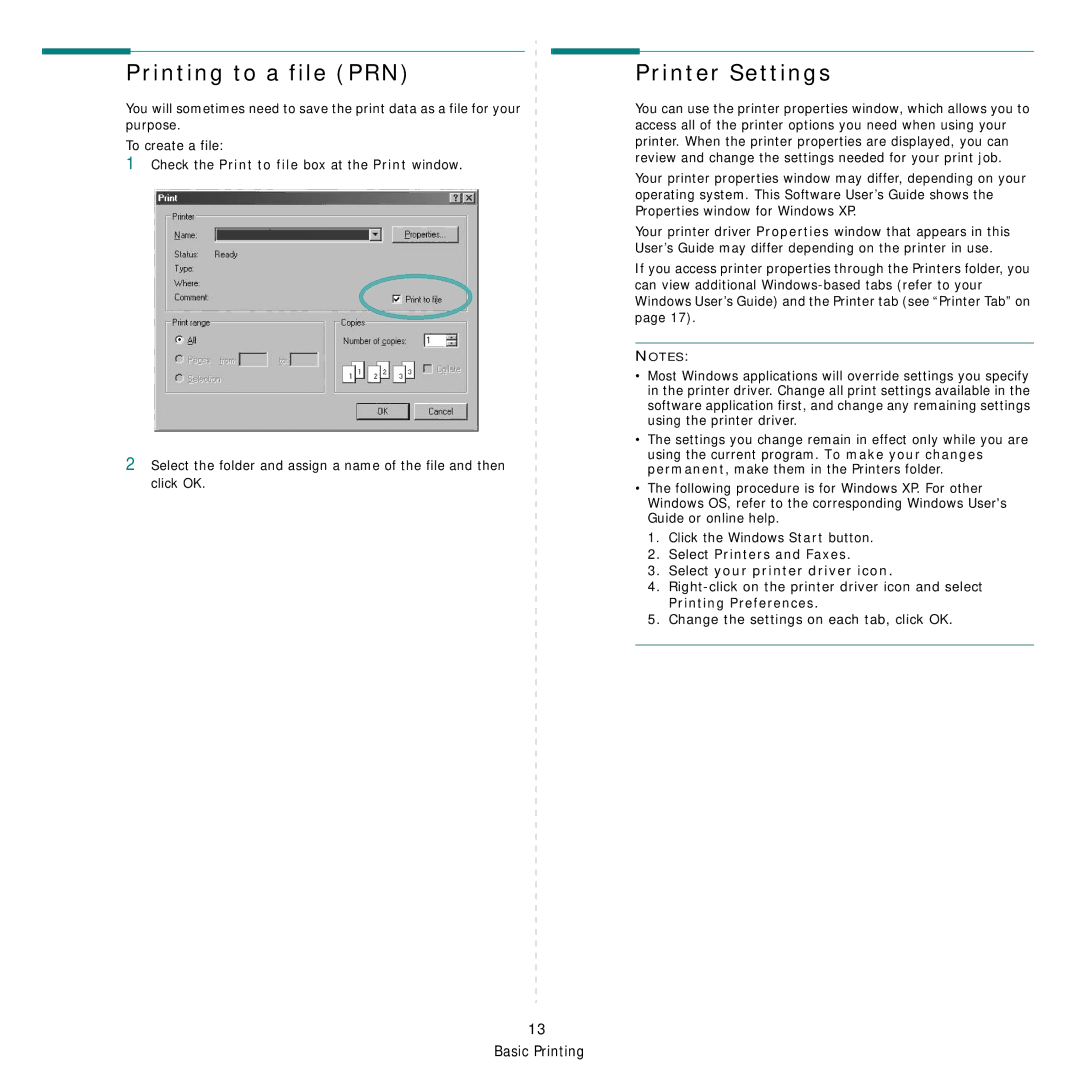 Samsung ML-3470 manual Printing to a file PRN, Printer Settings, Select Printers and Faxes Select your printer driver icon 