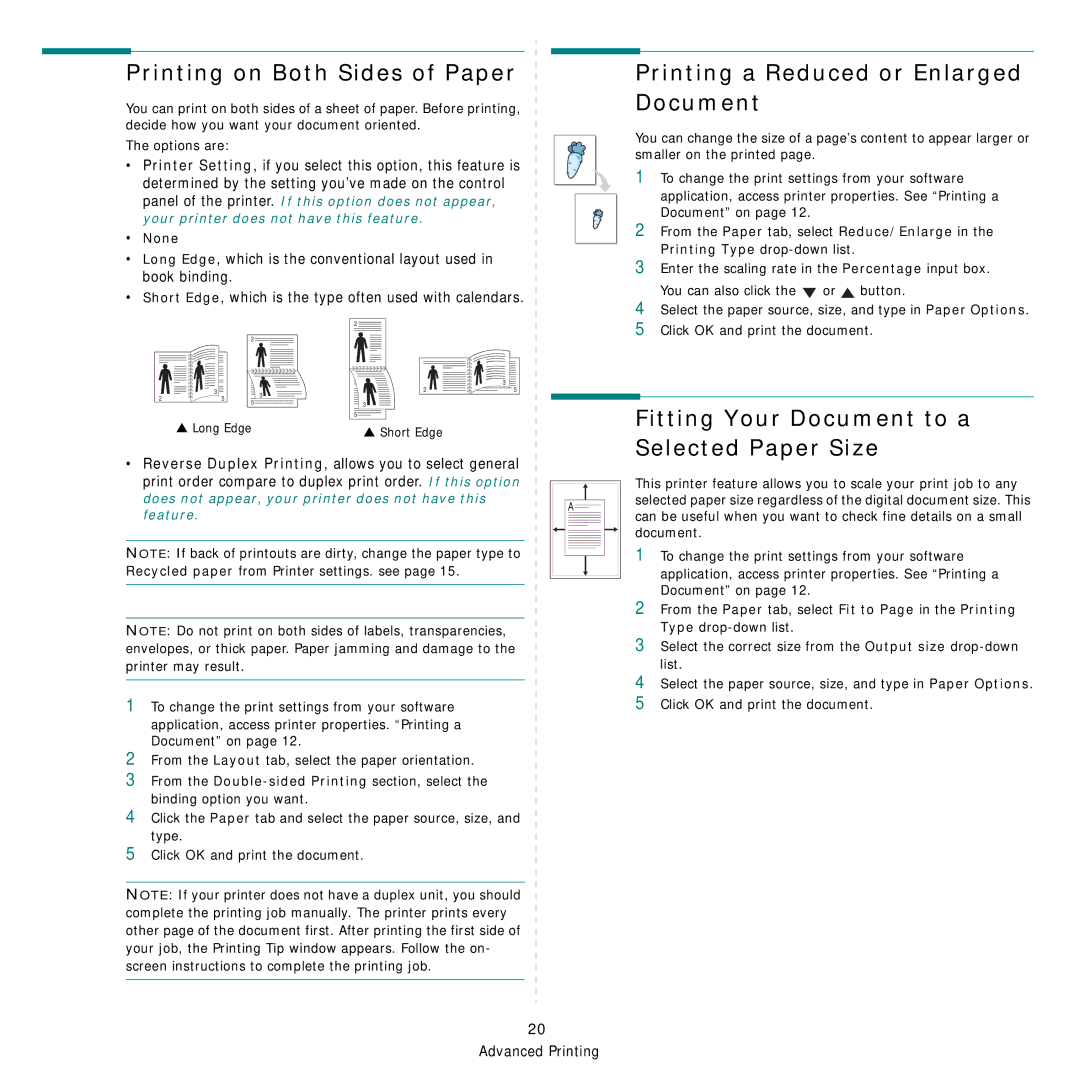 Samsung ML-3470 manual Printing on Both Sides of Paper, Printing a Reduced or Enlarged Document, None 