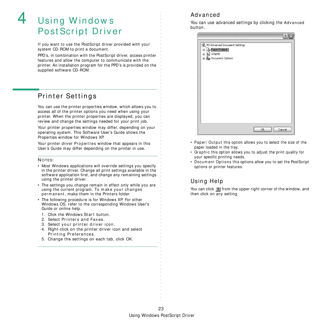 Samsung ML-3470 manual Using Windows PostScript Driver, Advanced 