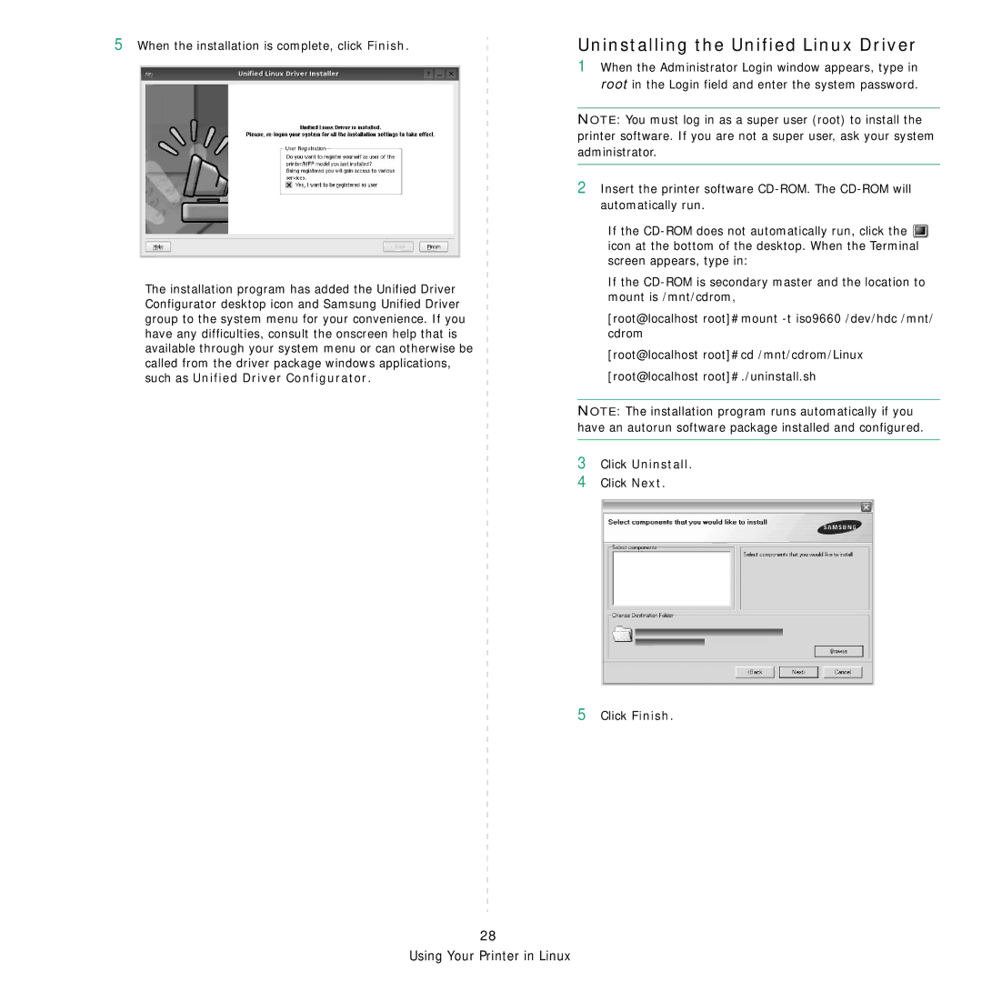 Samsung ML-3470 manual Uninstalling the Unified Linux Driver, Click Uninstall 