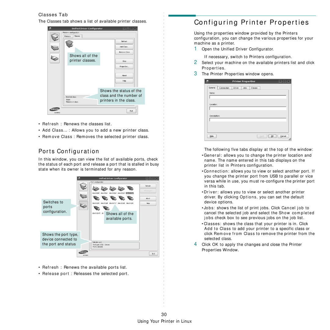 Samsung ML-3470 manual Configuring Printer Properties, Ports Configuration, Classes Tab 