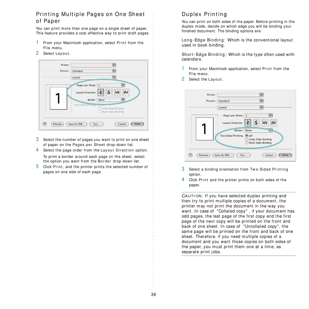 Samsung ML-3470D manual Printing Multiple Pages on One Sheet of Paper, Duplex Printing 