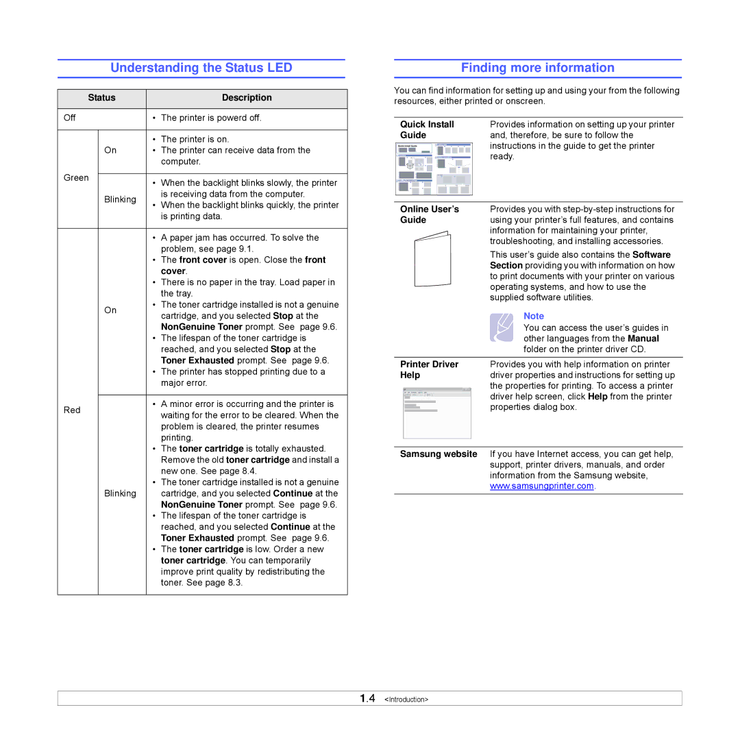 Samsung ML-3470D manual Understanding the Status LED, Finding more information 