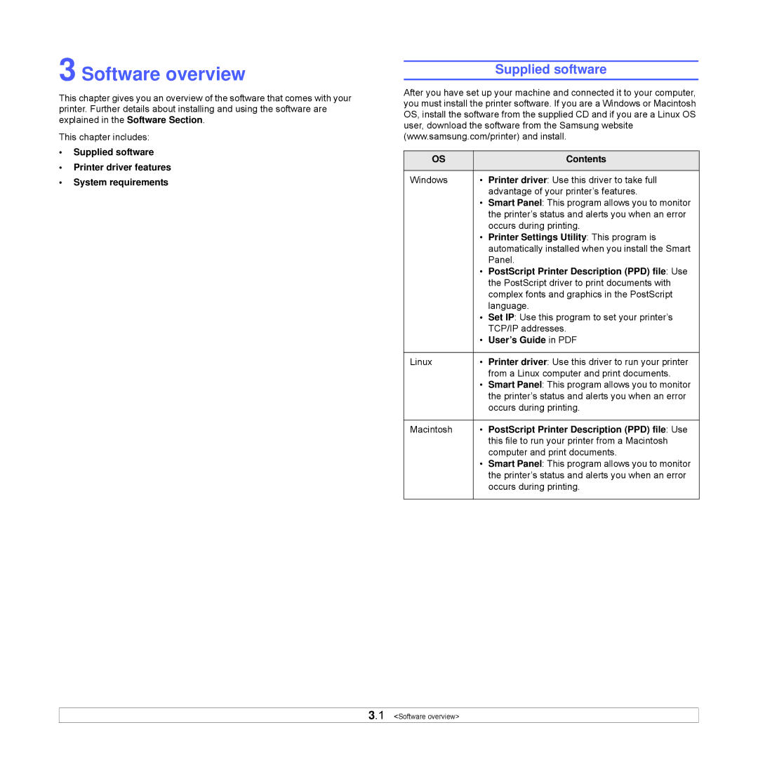 Samsung ML-3470D manual Software overview, Supplied software, Contents, Printer Settings Utility This program is 