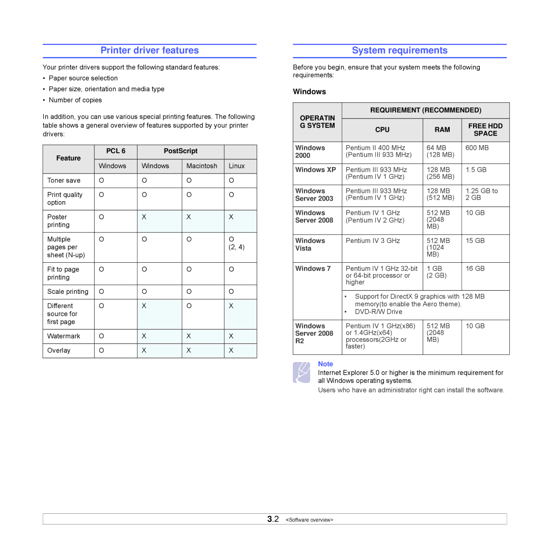 Samsung ML-3470D manual Printer driver features, System requirements, Windows, Feature, PostScript 