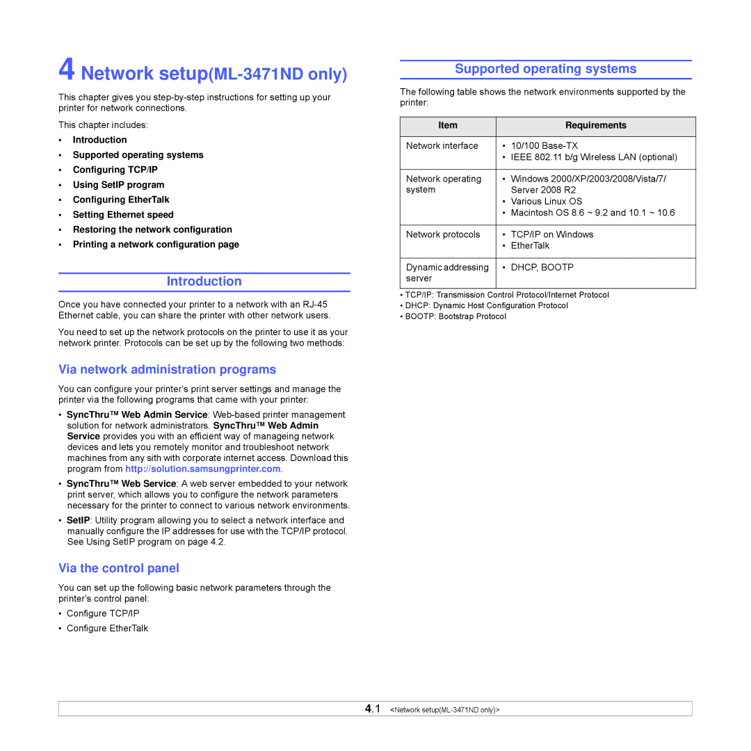 Samsung ML-3470D manual Supported operating systems, Via network administration programs, Via the control panel 