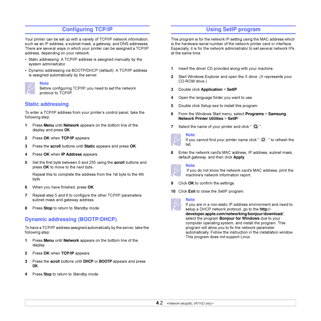 Samsung ML-3470D manual Configuring TCP/IP, Using SetIP program, Static addressing, Dynamic addressing BOOTP/DHCP 