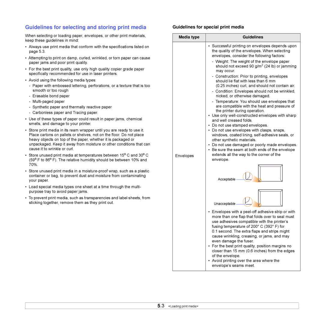 Samsung ML-3470D manual Guidelines for selecting and storing print media, Guidelines for special print media 