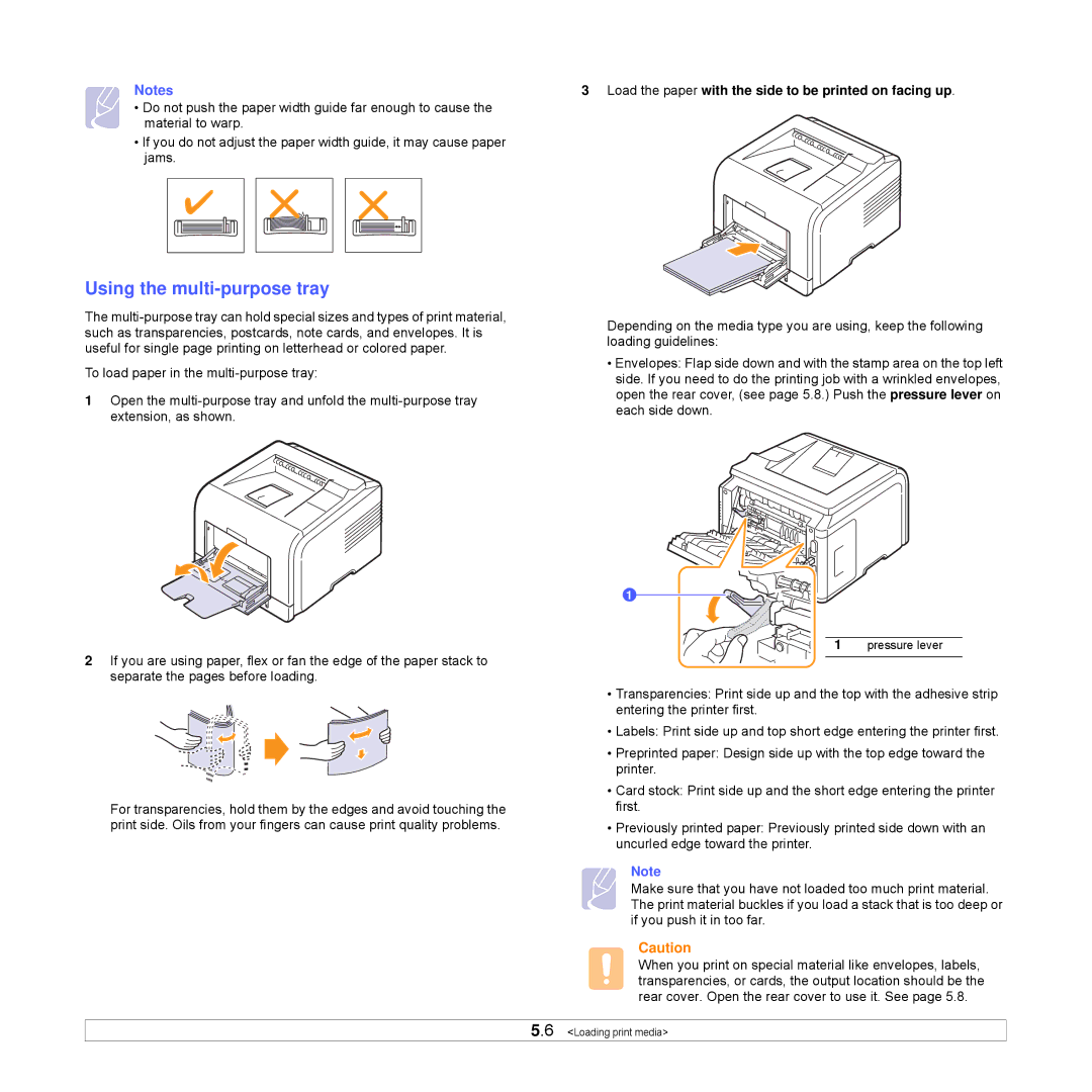 Samsung ML-3470D manual Using the multi-purpose tray, Load the paper with the side to be printed on facing up 