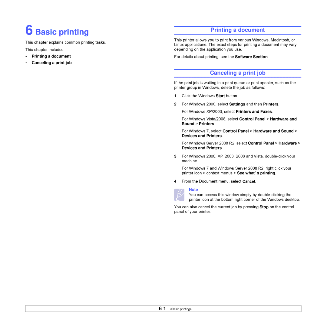 Samsung ML-3470D manual Basic printing, Printing a document Canceling a print job 