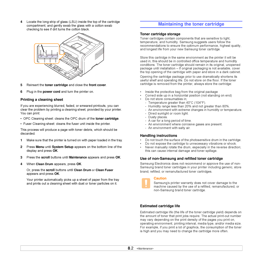 Samsung ML-3470D manual Maintaining the toner cartridge 