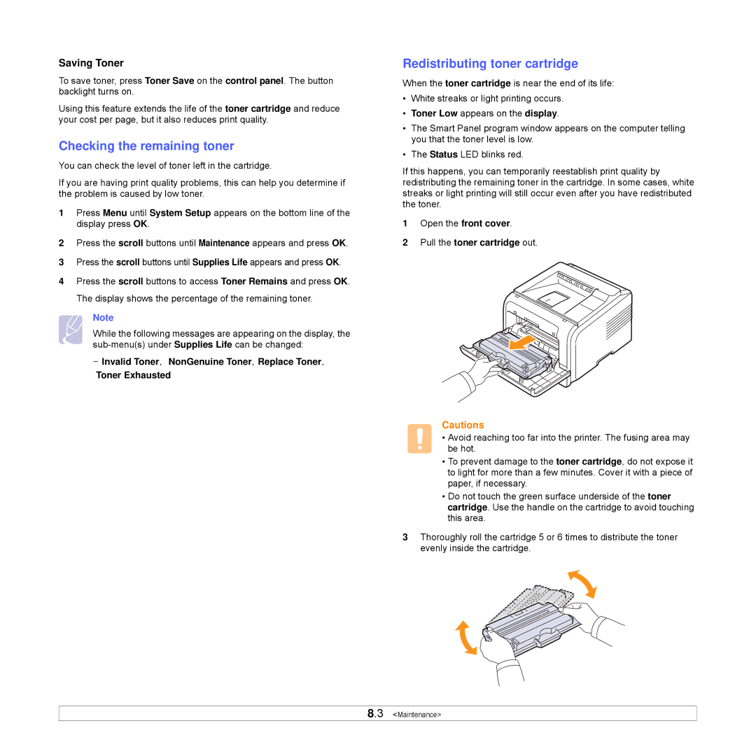 Samsung ML-3470D manual Checking the remaining toner, Redistributing toner cartridge, Saving Toner 