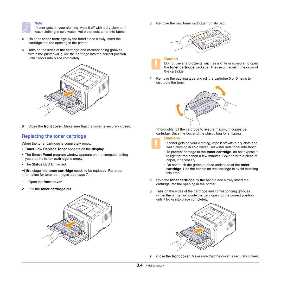 Samsung ML-3470D manual Replacing the toner cartridge, Toner Low Replace Toner appears on the display 