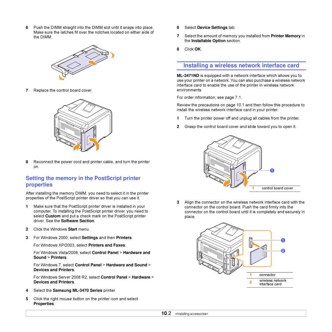 Samsung ML-3470D Installing a wireless network interface card, Setting the memory in the PostScript printer properties 