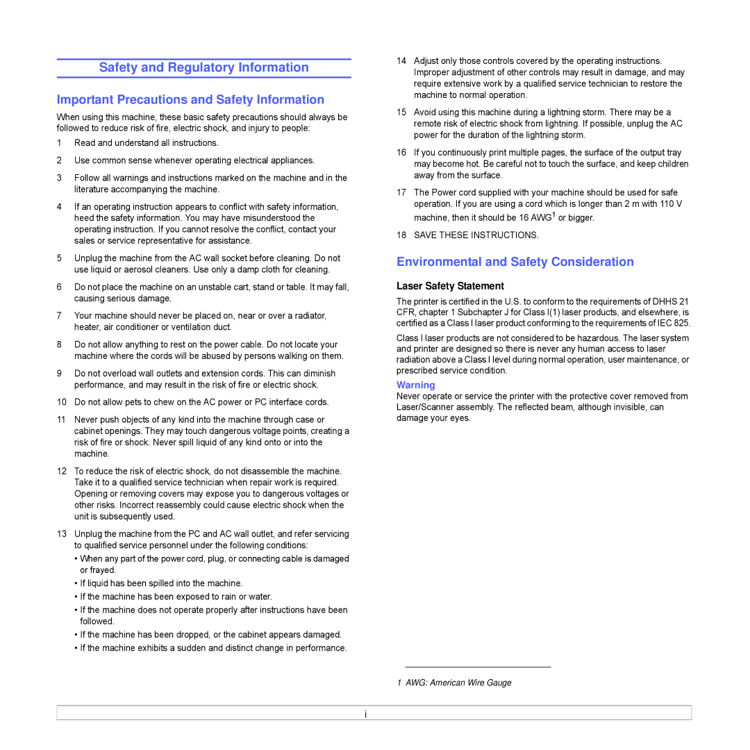 Samsung ML-3470D Safety and Regulatory Information, Important Precautions and Safety Information, Laser Safety Statement 