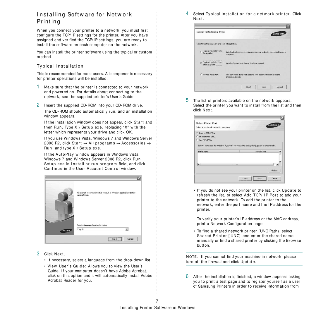 Samsung ML-3470D manual Installing Software for Network Printing, Typical Installation 