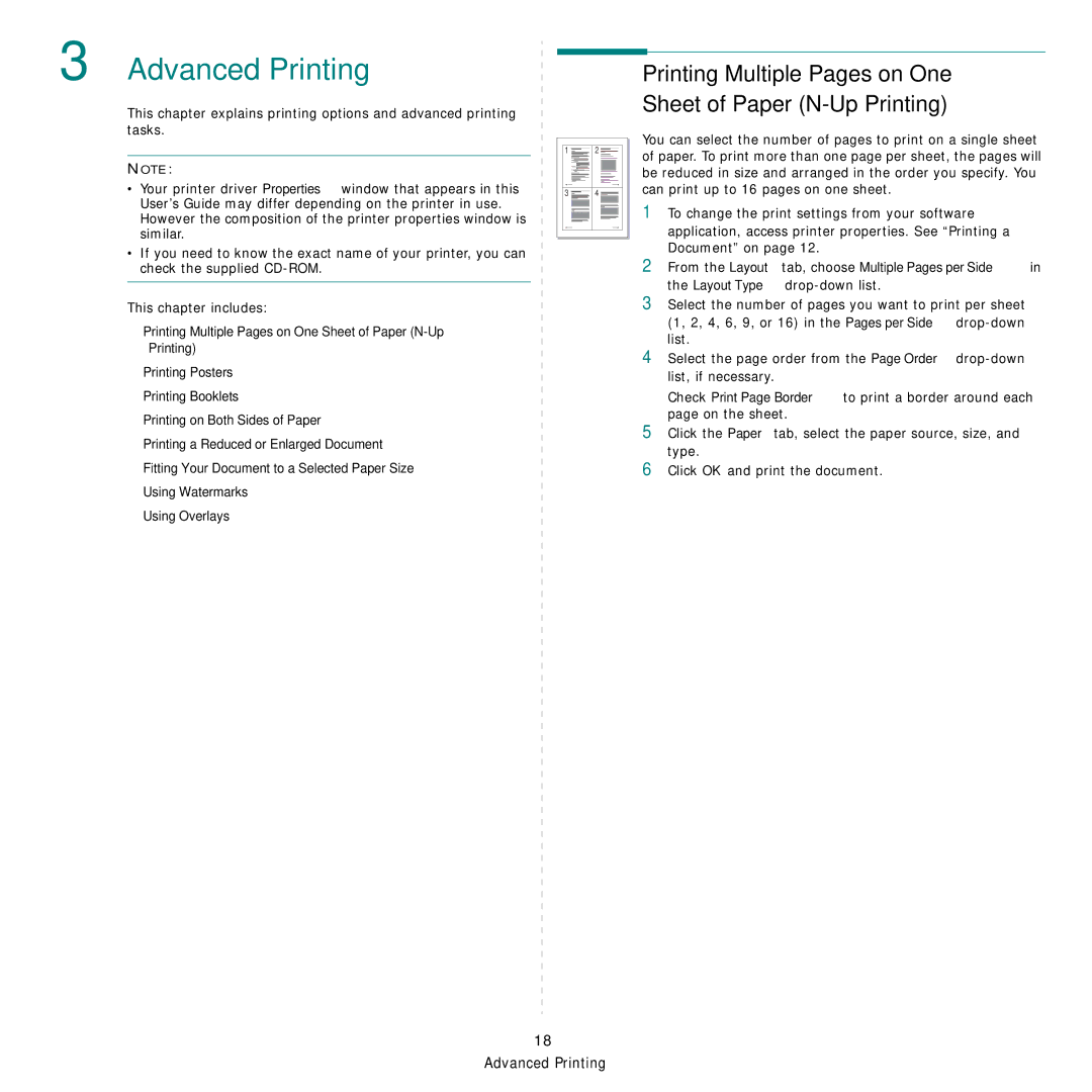 Samsung ML-3470D manual Advanced Printing, Printing Multiple Pages on One Sheet of Paper N-Up Printing 